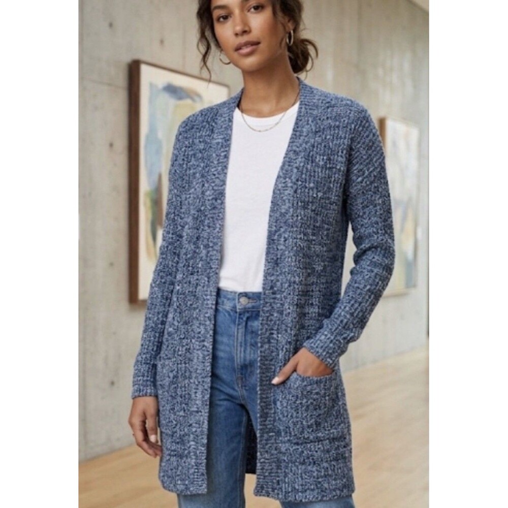Gap Duster Cardigan Open Front Blue White With Pockets Size Small